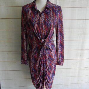 NY COLLECTION MULTI-COLOR LONG SLV FALL COLOR COLLAR SHIRT DRESS TIE WAIST SZ S